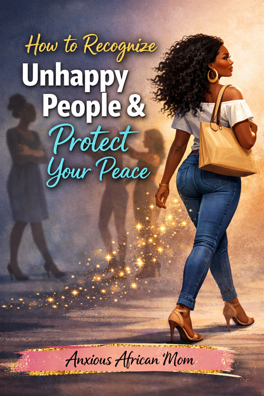 Animated Pinterest pin featuring a confident Black woman walking forward with golden light trailing behind her, leaving blurred silhouettes in the background. The text reads “How to Recognize Unhappy People & Protect Your Peace” with the Anxious African Mom banner at the bottom.