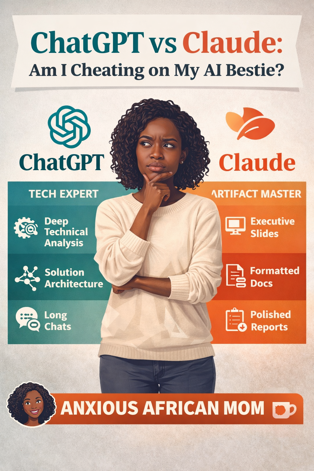 Feature image for a Tech Tuesday blog post titled “ChatGPT vs Claude: Am I Cheating on My AI Bestie?” showing an illustrated Black woman centered between the ChatGPT logo with technical analysis benefits and the Claude logo with executive artifact and document formatting benefits, branded with the Anxious African Mom banner.